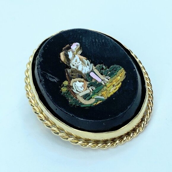 Antique Micro-mosaic 14k yellow gold rope bezel Dog Brooch 8g 30mm JR959 - Picture 3 of 8